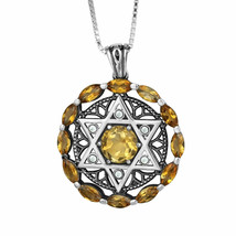 Cabala Star of David Pendant Citrine Stones W / Cz Crystals Sterling Silver - £194.90 GBP