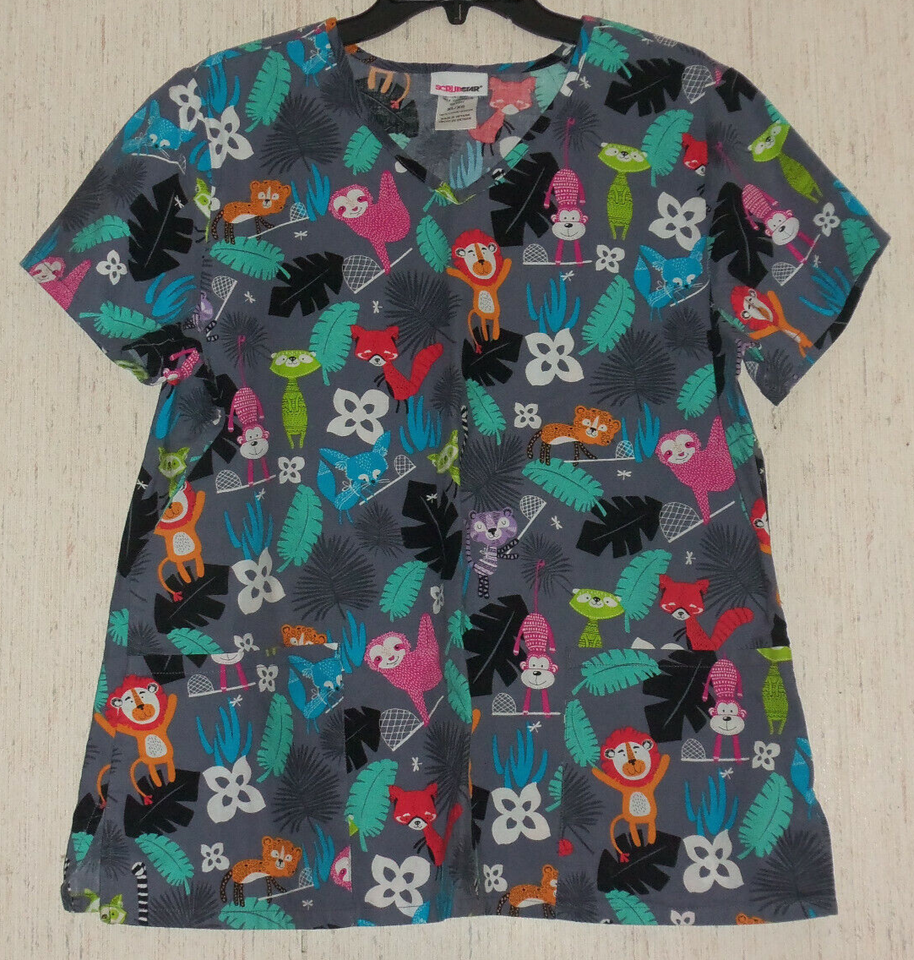 EXCELLENT WOMENS WHIMSICAL SAFARI NOVELTY PRINT SCRUBS TOP  SIZE XL - $23.33