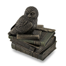 Owl Perched On Stack of Books Bronzed Trinket Box Stash Box Statue - £37.00 GBP
