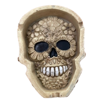 Cream and Black Smiling Sugar Skull Ashtray Trinket Holder 4.5x3 in Halloween - $11.00