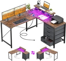 Homieasy L Shaped Desk With Drawers &amp; Power Outlets, Reversible, Rustic Brown - £134.52 GBP