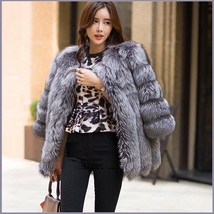 Long Full Pelt Silver Blue Fox Faux Fur O Neck with Long Sleeves Luxury Fur Coat image 2