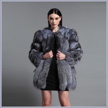 Long Full Pelt Silver Blue Fox Faux Fur O Neck with Long Sleeves Luxury Fur Coat image 3