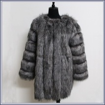 Long Full Pelt Silver Blue Fox Faux Fur O Neck with Long Sleeves Luxury Fur Coat image 4