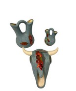Lot 3 Hozoni Pottery Hand Painted Bull Skull Aqua Native American Indian... - $590.79 MXN