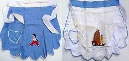 2 COOL Chinese Embroidered LINEN Retro Aprons 1950s - £22.67 GBP