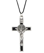 Saint Benedict Black &amp; Silver Crucifix on Cord Necklace, New #AB-292-R2 - $5.99