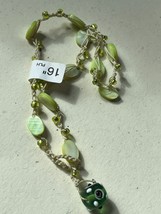 Thin Cream Crocheted Cord w Tiny Iridescent &amp; Oval Flat Green Beads Hippie Boho - £9.02 GBP