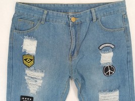 Men&#39;s Jeans Sz XXL -36&quot; W x 30&quot; L Skinny Blue Denim Army Peace Patch Dis... - £12.03 GBP