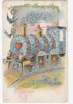 Vintage Postcard Loving Greetings Forget Me Not Train Bluebirds Embossed - £6.30 GBP