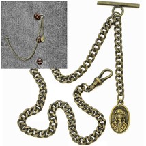 Albert Chain Bronze Pocket Watch Chain Jesus Medal Fob T Bar Swivel Clasp AC203 - £13.07 GBP