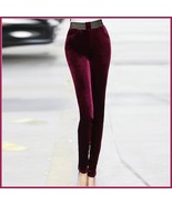 Red Wine Stretch Velvet High Waist Front Pockets Tight Velour Legging Pants - £39.50 GBP