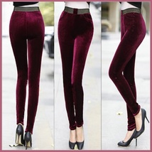 Red Wine Stretch Velvet High Waist Front Pockets Tight Velour Legging Pants image 2
