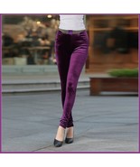 Purple Stretch Velvet High Waist Front Pockets Tight Velour Legging Pants - £37.71 GBP
