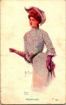 Vintage Postcard Signed ST JOHN &quot;Promade&quot; Victorian Woman In White Dress &amp; Hat - £4.21 GBP