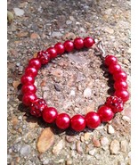 Regal Red Beaded Bracelet with Faux Red Pearls and Rhinestone Beads - £5.59 GBP