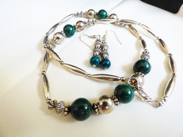 Handcrafted silver tone metal Green Stone beads Necklace &amp; earrings set - $38.61