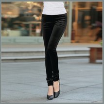 Black Stretch Velvet High Waist Front Pockets Tight Velour Legging Pants image 1