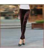 Brown Stretch Velvet High Waist Front Pockets Tight Velour Legging Pants - £39.92 GBP