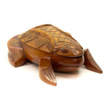 Wooden Hand Carved Wood Frog Shaped Floral Trinket Box Vintage 9&quot; - $24.72