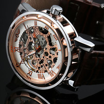 Men&#39;s Gold Skeleton Leather Band Analog Wrist Mechanical Stainless Steel Watch - £31.96 GBP