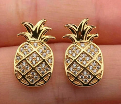 1.50Ct Round Simulated Moissanite Pineapple Stud Earrings 14k Yellow Gold Plated - £67.67 GBP