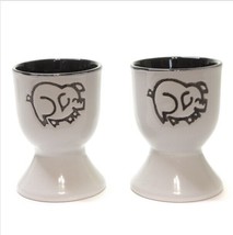Vintage Pair of Ceramic Egg Cups Pig Engraved White And Black Glazed Vintage - £9.45 GBP