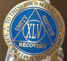 45 Year AA Medallion Blue Gold Plated Alcoholics Anonymous Sobriety Chip... - £13.52 GBP