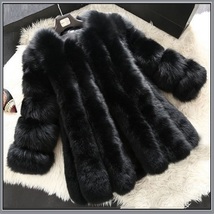 Long Full Pelt Classic Black Fox Faux Fur O Neck with Long Sleeves Luxury Coat image 2