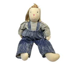 Vintage Handmade Plush Easter Bunny with Overalls Straw Hat Stuffed Animal 19&quot; - $11.66