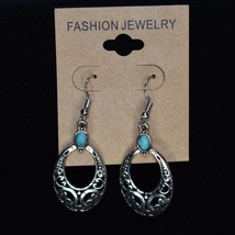 Fashion Jewelry Earrings Silver Filagree Faux Turquoise Drop - $6.99