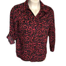 Notations Button Up Collared Shirt ~ Sz PXL ~ Red &amp; Black Floral ~ Long Sleeve - £10.60 GBP