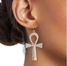 Dangle Drop Ankh Cross Egyptian Eternal Key of Life Tibetan Gold Earrings Gift - £22.38 GBP