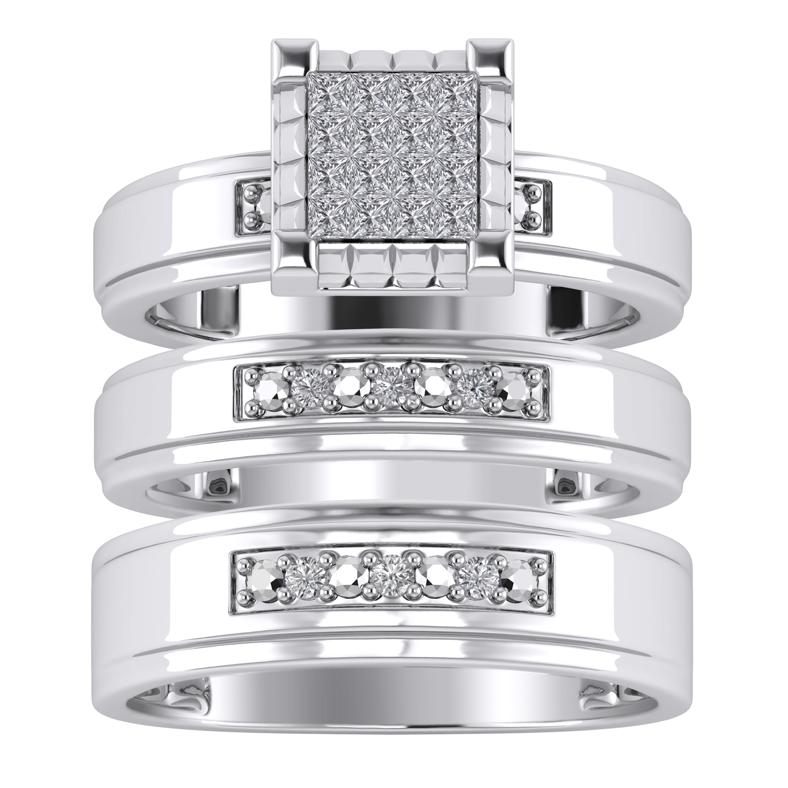10k White Gold 0.26 Ct Princess Real Diamond Wedding Engagement Trio Ring Set - $637.27