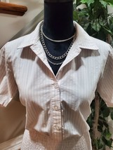 Aqua Cream Striped Smocked Cotton Collared Short Sleeve Ruched Shirt Dress M - £25.03 GBP