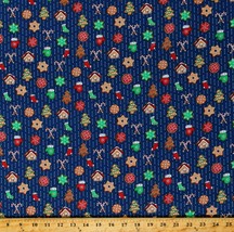 Cotton Gingerbread Cookies Candy Canes Blue Fabric Print by the Yard D508.61 - £10.18 GBP