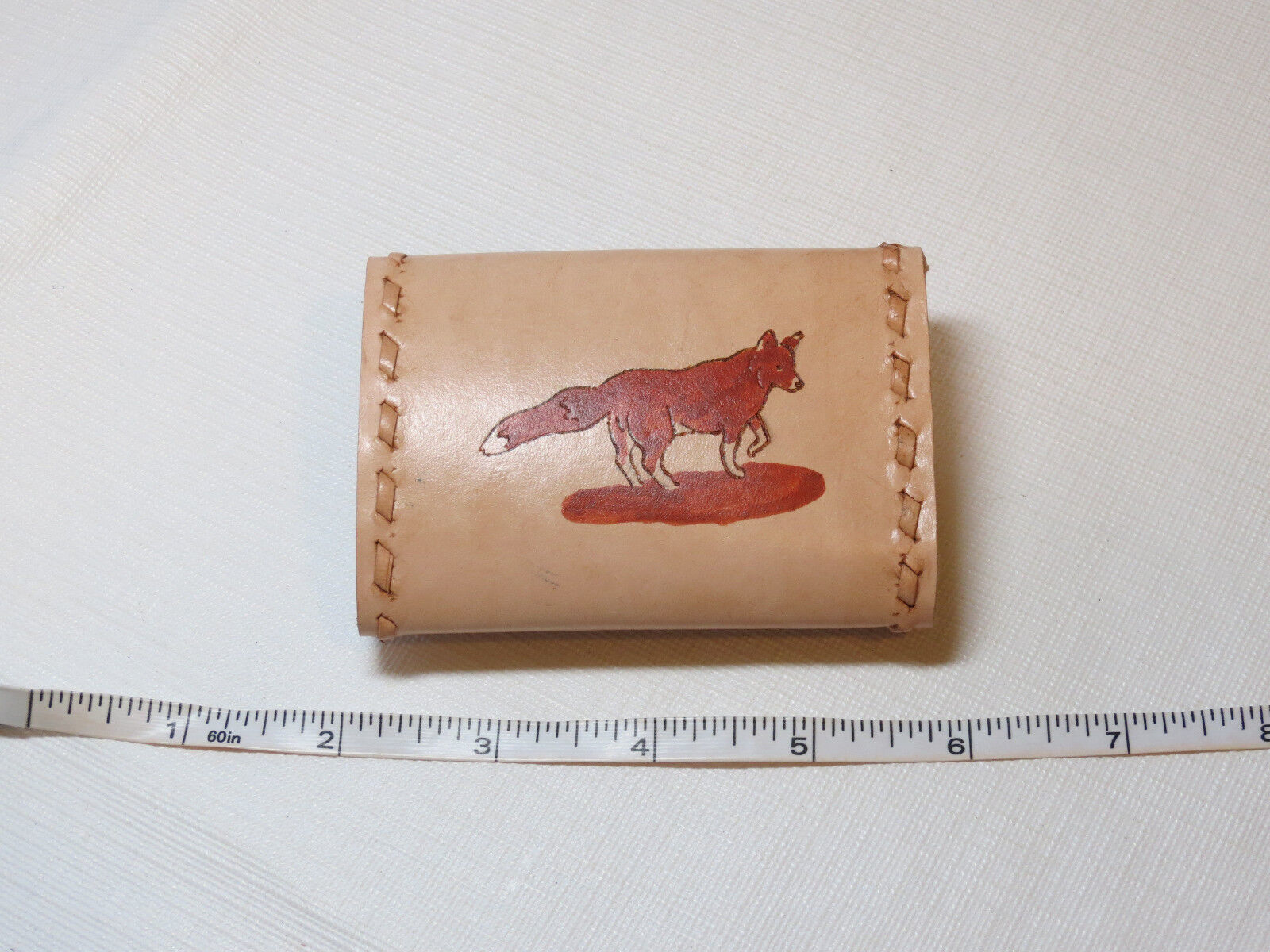 Primary image for Handmade leather key holder beigh w/ beigh stitching 3.5" X 2.5" Fox Wolf Dog