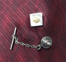 Vintage Pearl Silver Tone Square Tie Tack Pin 3/8&quot; with Chain - £7.65 GBP