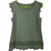 Talbots Scoop Neck Cotton Shirt Green Lace Cap Sleeves Hem Women Size XS - £8.80 GBP