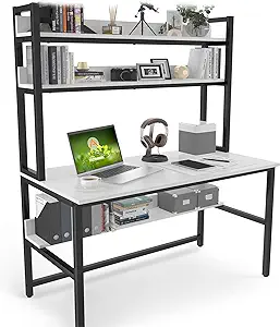 Computer Desk With Hutch And Bookshelf, 47 Inch Wide White Home Office D... - £260.86 GBP