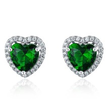 925 Sterling Silver Earrings Heart Created Nano Emerald Stud Earrings For Women  - £28.83 GBP