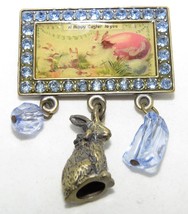 Happy Easter Mini Postcard Brooch Pin Rabbit Beads Blue Rhinestones 1.5&quot; Wide - £7.47 GBP