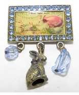 Happy Easter Mini Postcard Brooch Pin Rabbit Beads Blue Rhinestones 1.5&quot;... - £7.43 GBP