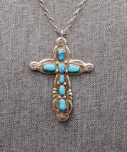 Horace Iule Signed Zuni Sterling Silver Turquoise Cross Pendant With Necklace - £805.82 GBP