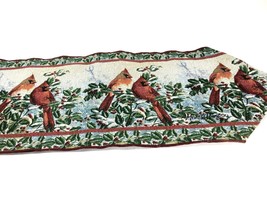 Mohawk Table Runner Tapestry Christmas Holly Bird Cardinal Blue Red 70x13 Signd  - $36.39