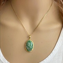 14K Solid Fine Real Yellow Gold Oval Green Natural Jadeite Jade Pendant - £391.74 GBP