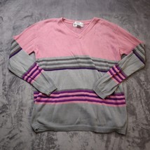 Bloomingdales VNeck Sweater Womens Adult L Pink Gray Striped Long Sleeve... - £23.18 GBP