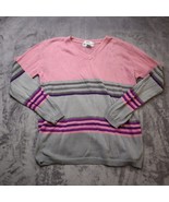 Bloomingdales VNeck Sweater Womens Adult L Pink Gray Striped Long Sleeve... - £23.45 GBP