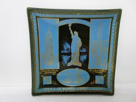 New York City Smoke Glass Dish Blue Gold Trinket Tray Souvenir 3.75&quot; Vin... - $12.86