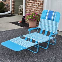 Vinyl Strips Folding Chaise Lounge Lawn Chair Cot Blue White Beach Camp Pool - $67.28